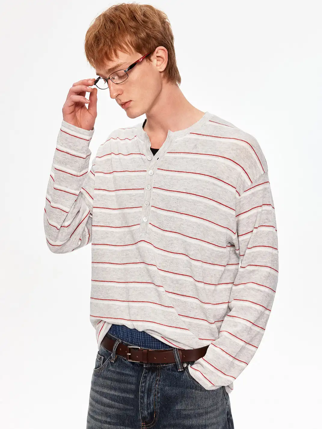 MADWITCH | Linen Blend Contrast Striped Knit T-Shirt