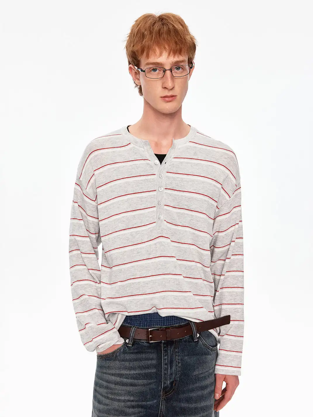MADWITCH | Linen Blend Contrast Striped Knit T-Shirt