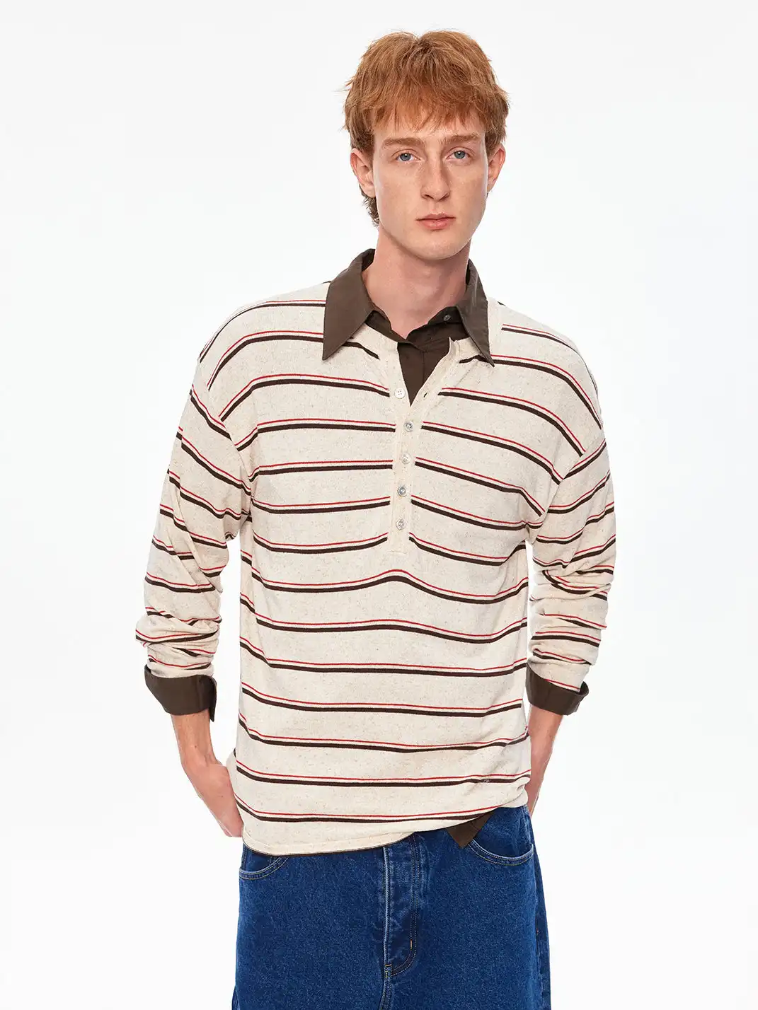 MADWITCH | Linen Blend Contrast Striped Knit T-Shirt