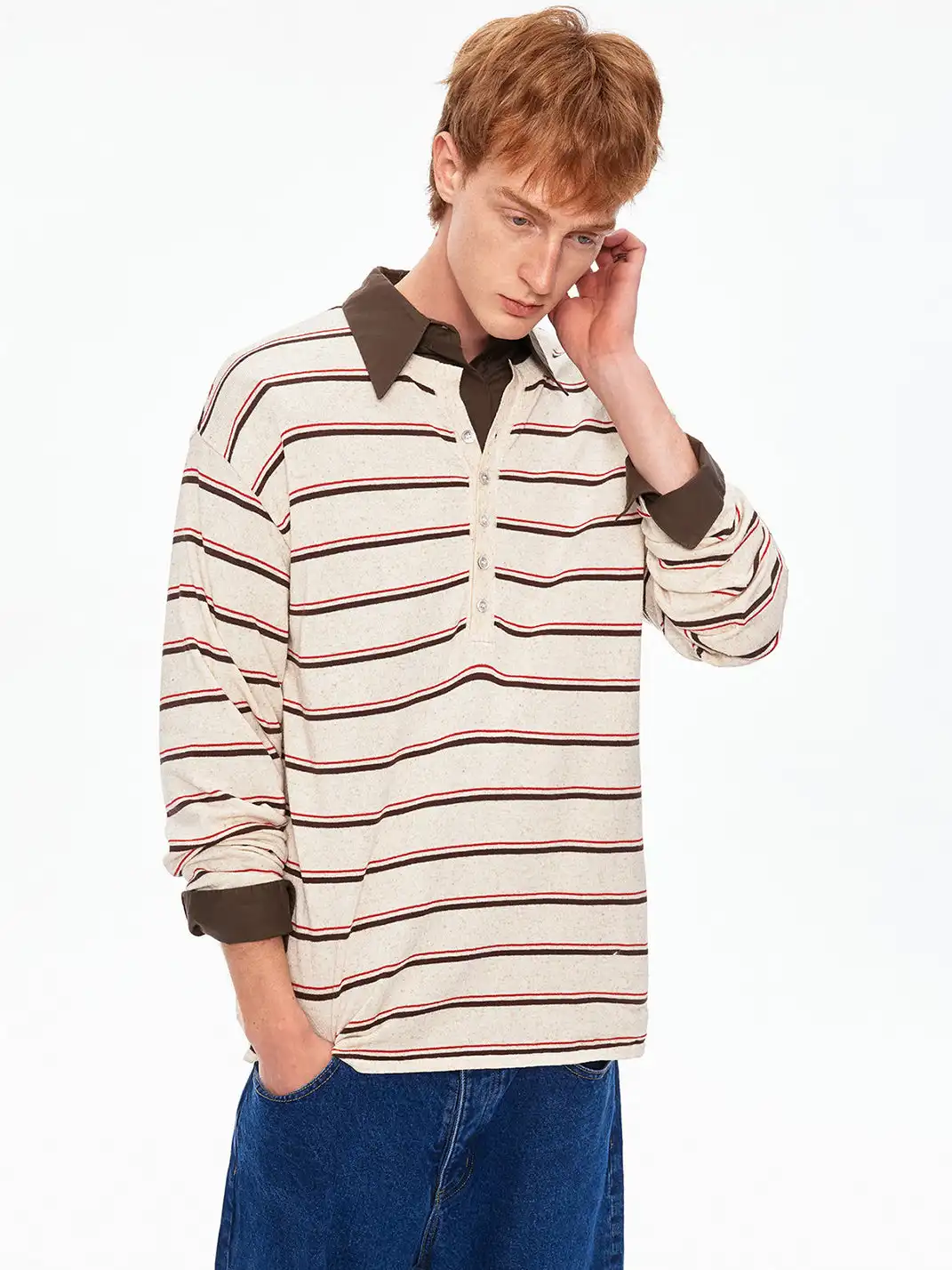 MADWITCH | Linen Blend Contrast Striped Knit T-Shirt