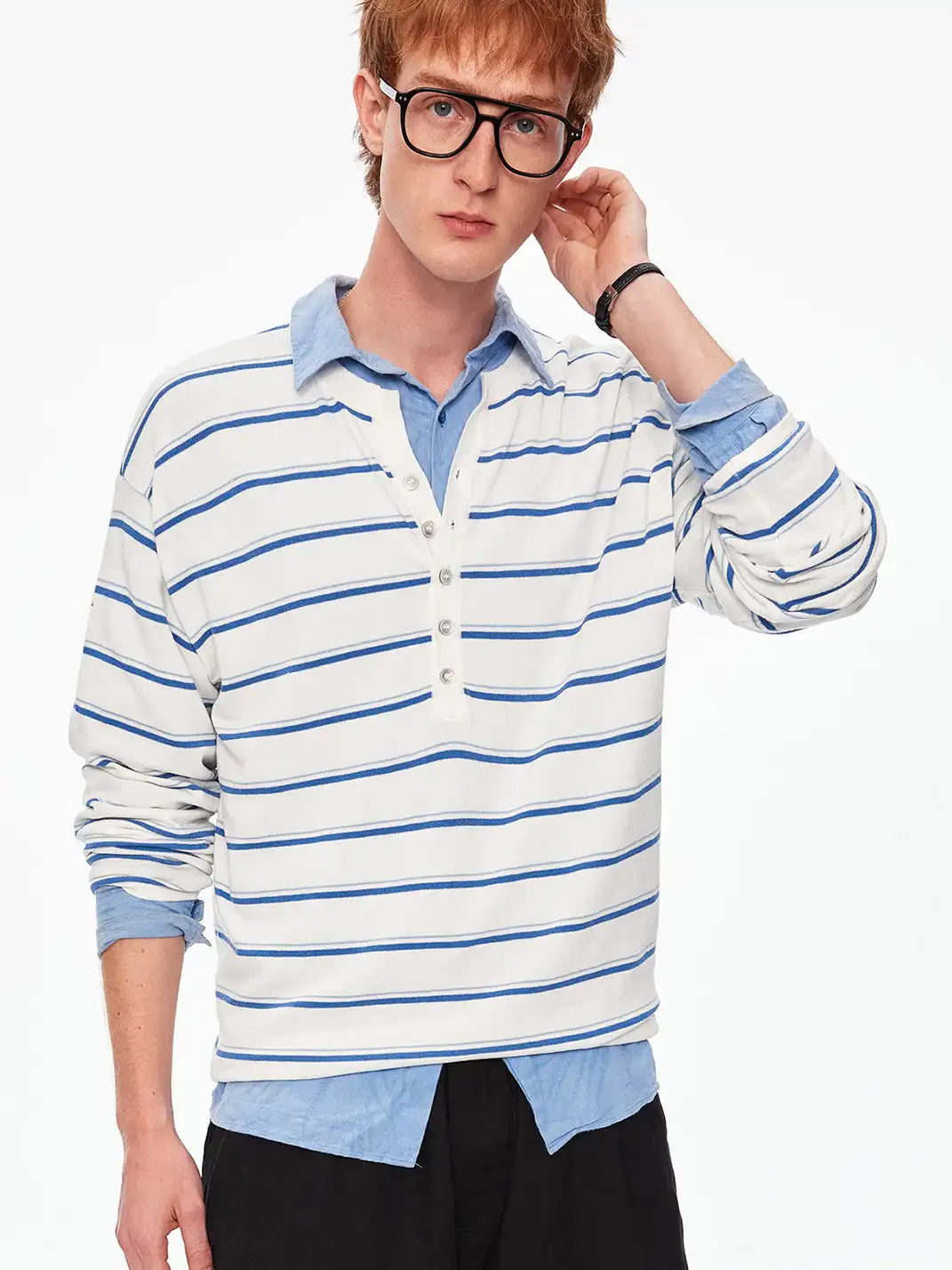 MADWITCH | Linen Blend Contrast Striped Knit T-Shirt