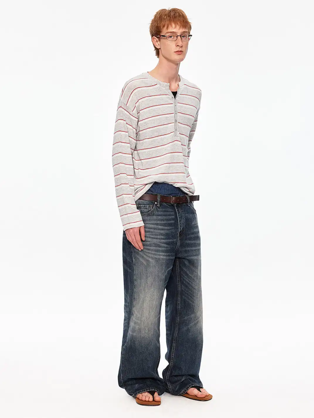 MADWITCH | Linen Blend Contrast Striped Knit T-Shirt