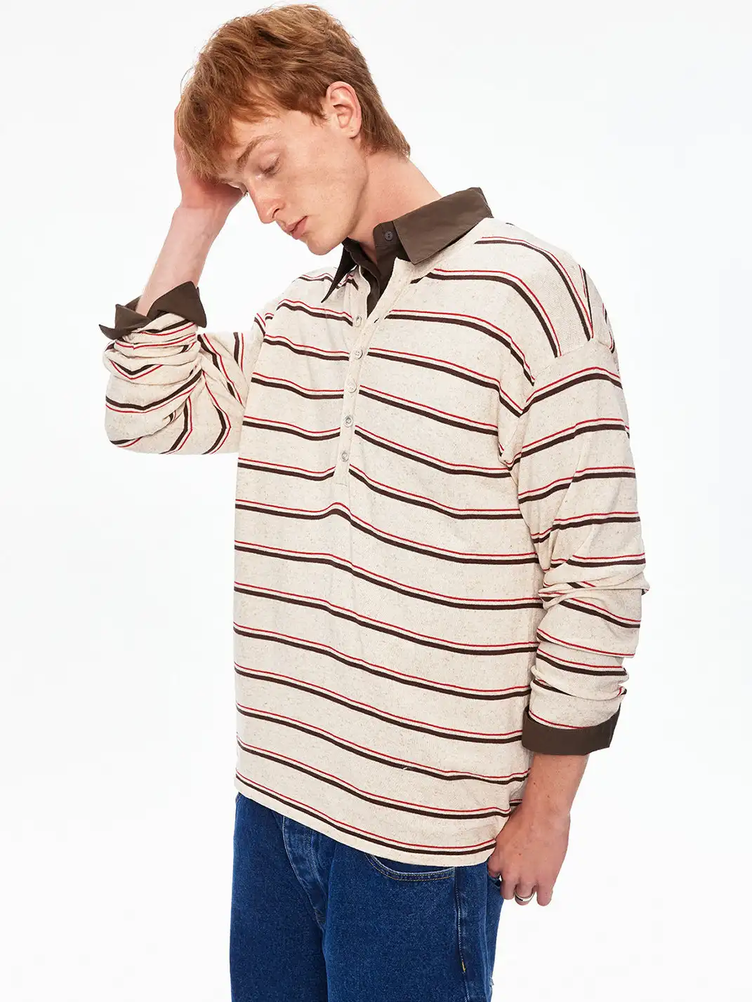 MADWITCH | Linen Blend Contrast Striped Knit T-Shirt