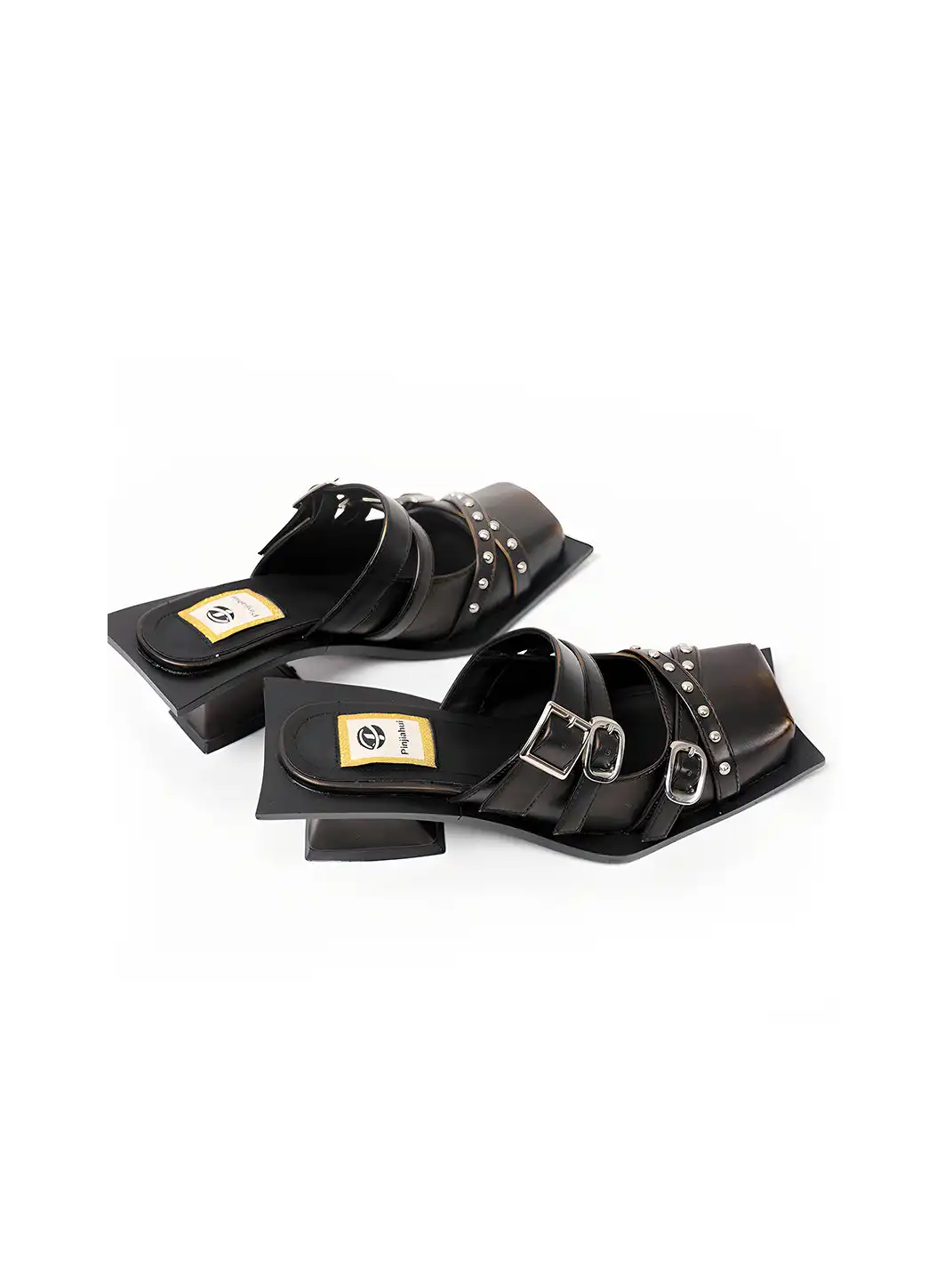 PINJIAHUI | Rivet Cap Toe Block Heel Sandals