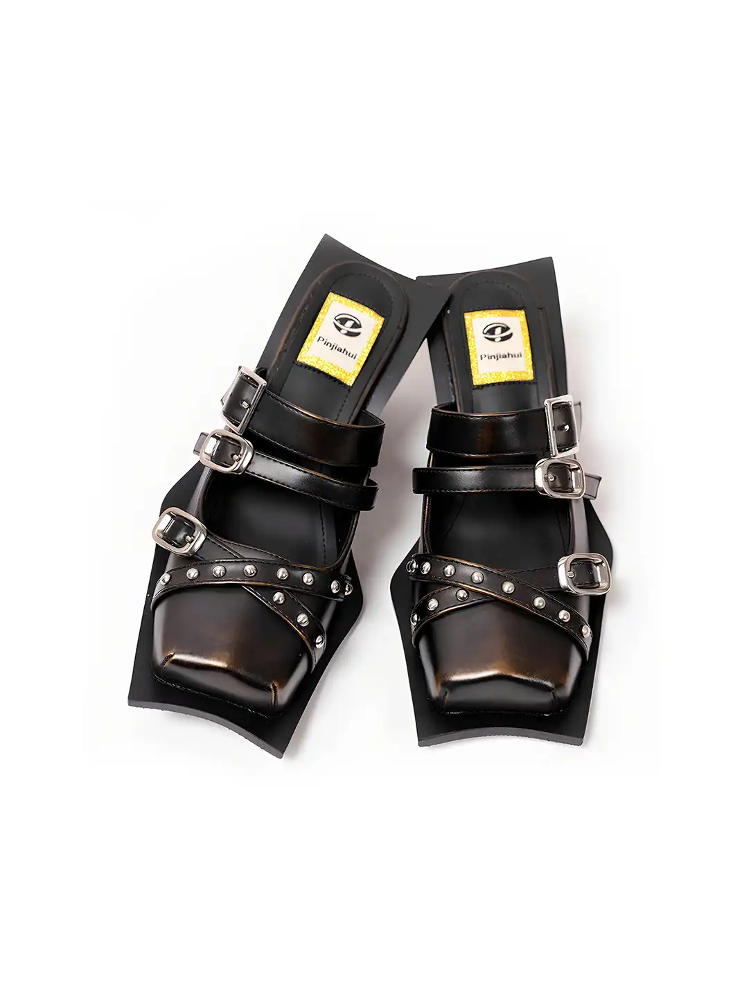 PINJIAHUI | Rivet Cap Toe Block Heel Sandals