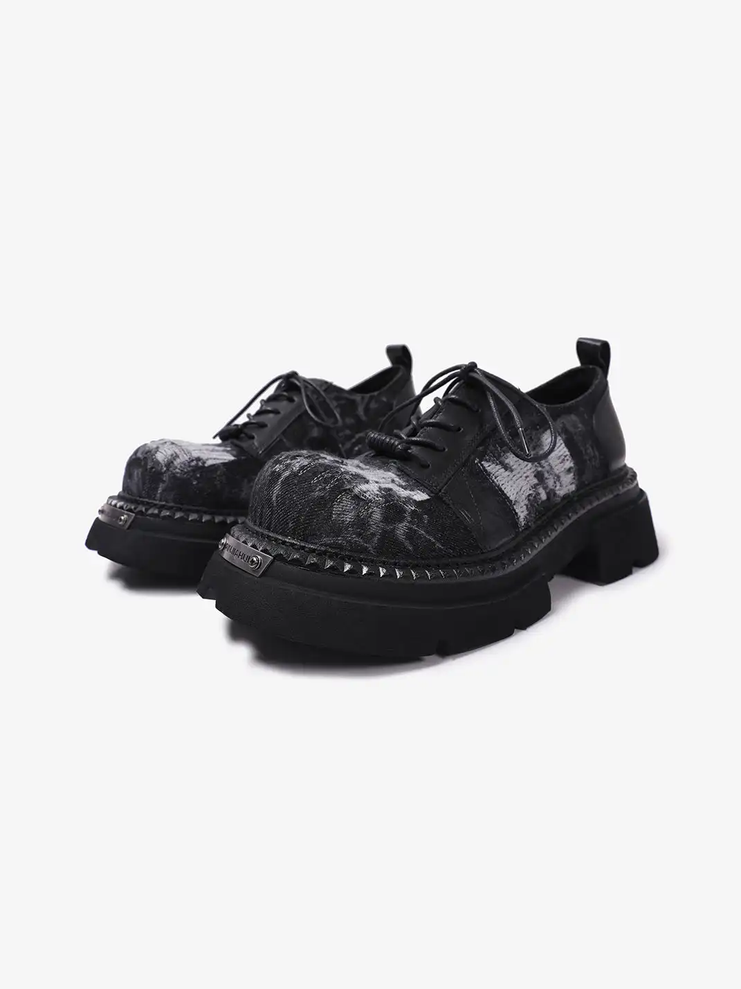 PINJIAHUI | Washed Distressed Fabric Chunky Platform Derby Shoes