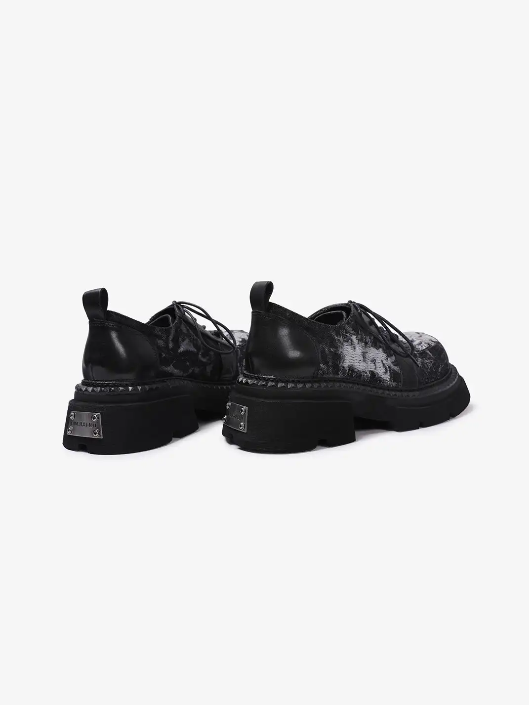 PINJIAHUI | Washed Distressed Fabric Chunky Platform Derby Shoes