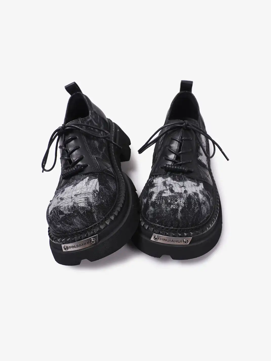 PINJIAHUI | Washed Distressed Fabric Chunky Platform Derby Shoes