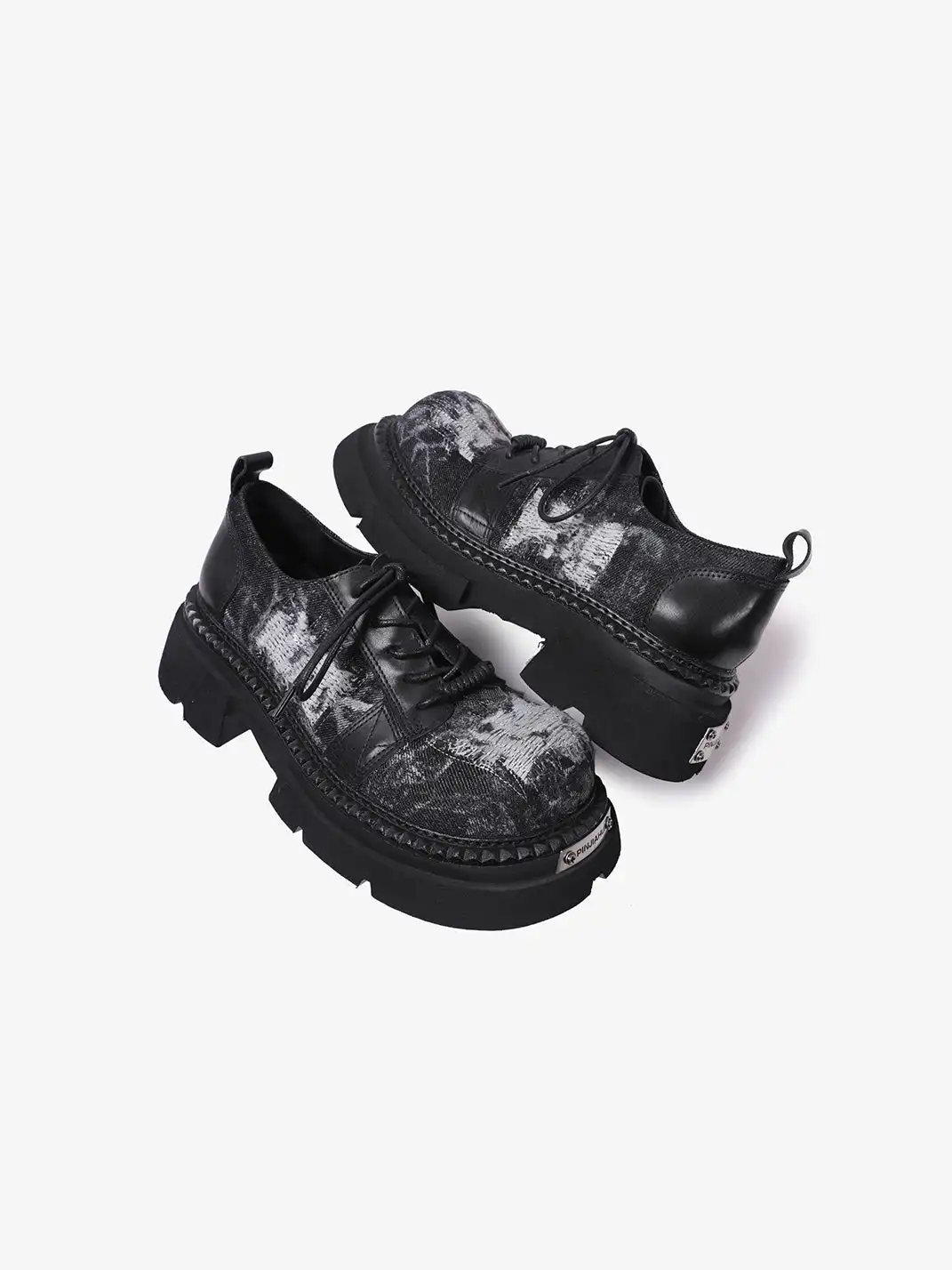 PINJIAHUI | Washed Distressed Fabric Chunky Platform Derby Shoes