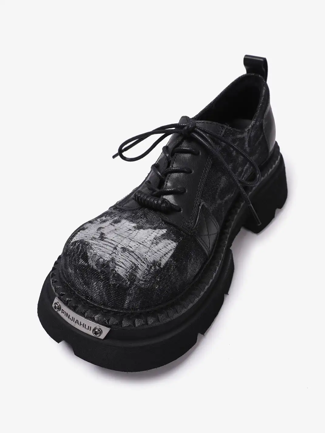 PINJIAHUI | Washed Distressed Fabric Chunky Platform Derby Shoes