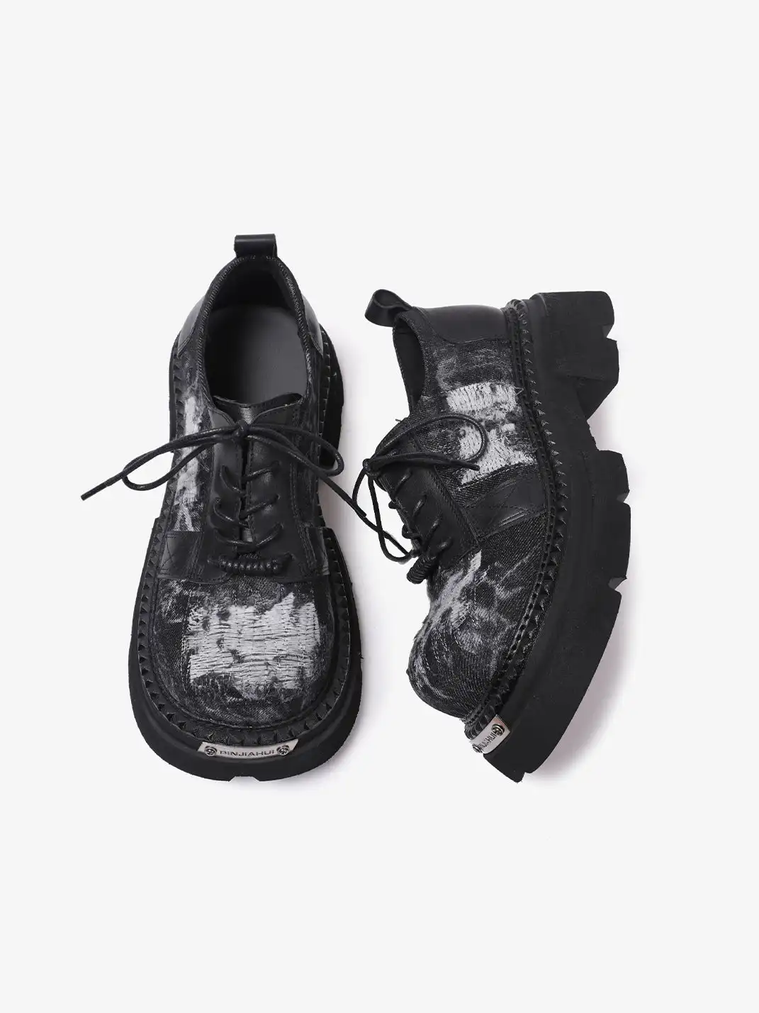 PINJIAHUI | Washed Distressed Fabric Chunky Platform Derby Shoes