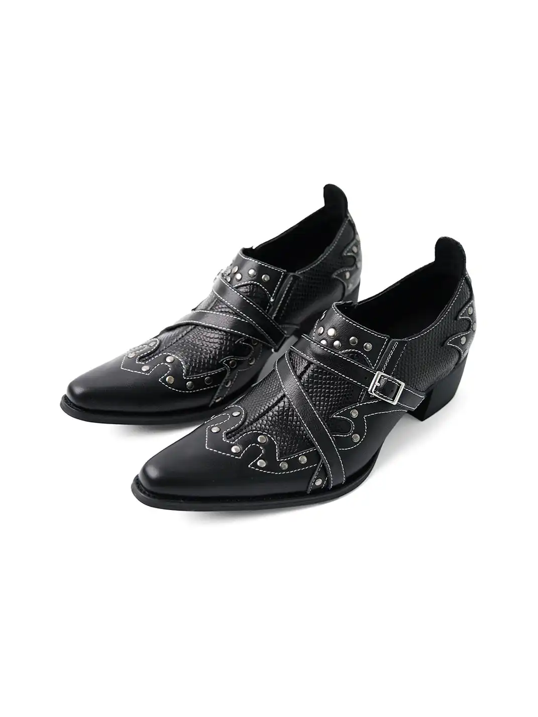 Mooreyu Atelier | Pointed Toe Rivet Buckle Block Heel Shoes