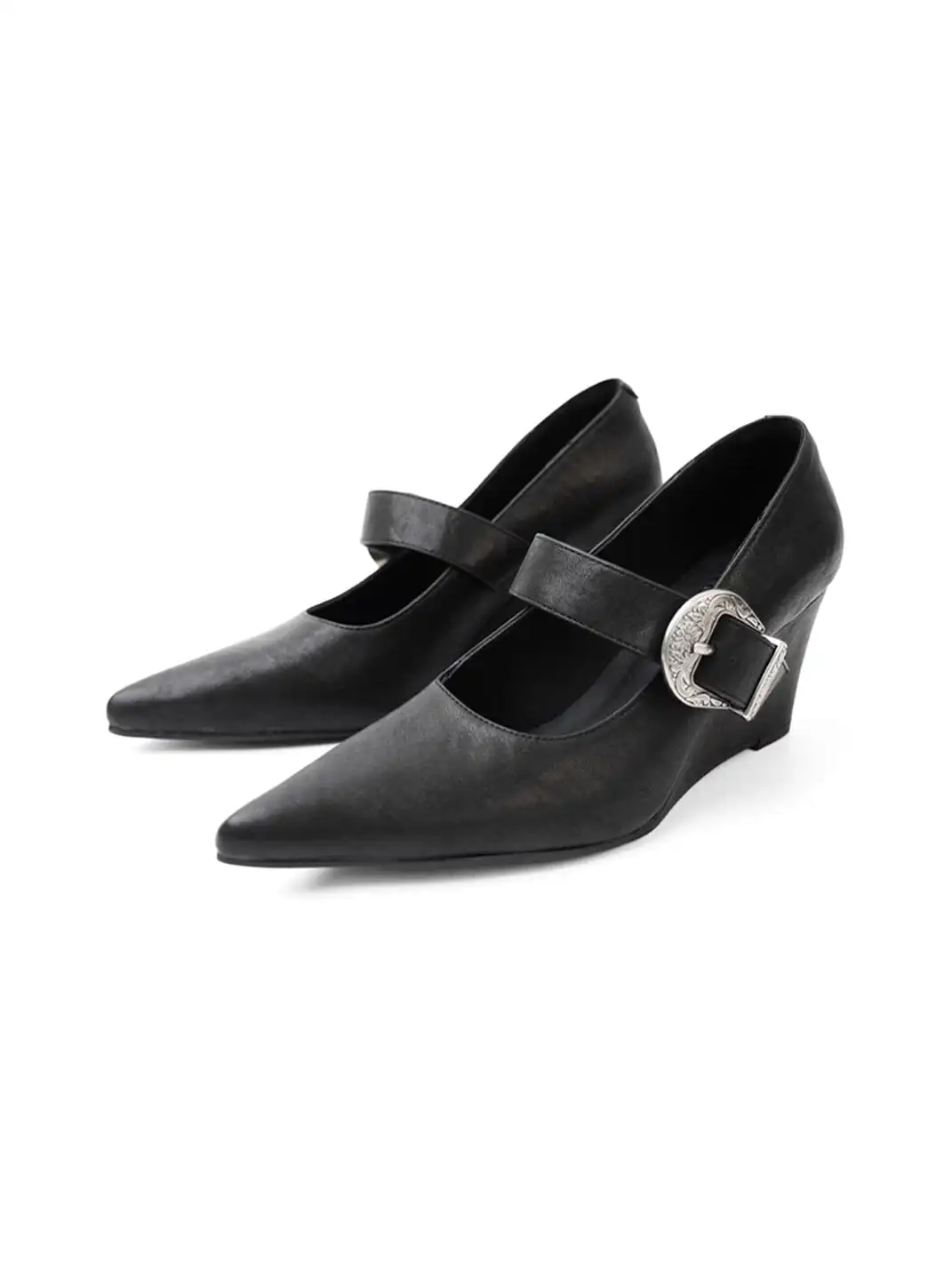 Mooreyu Atelier | Pointed Toe Buckle Wedge Heel Pumps