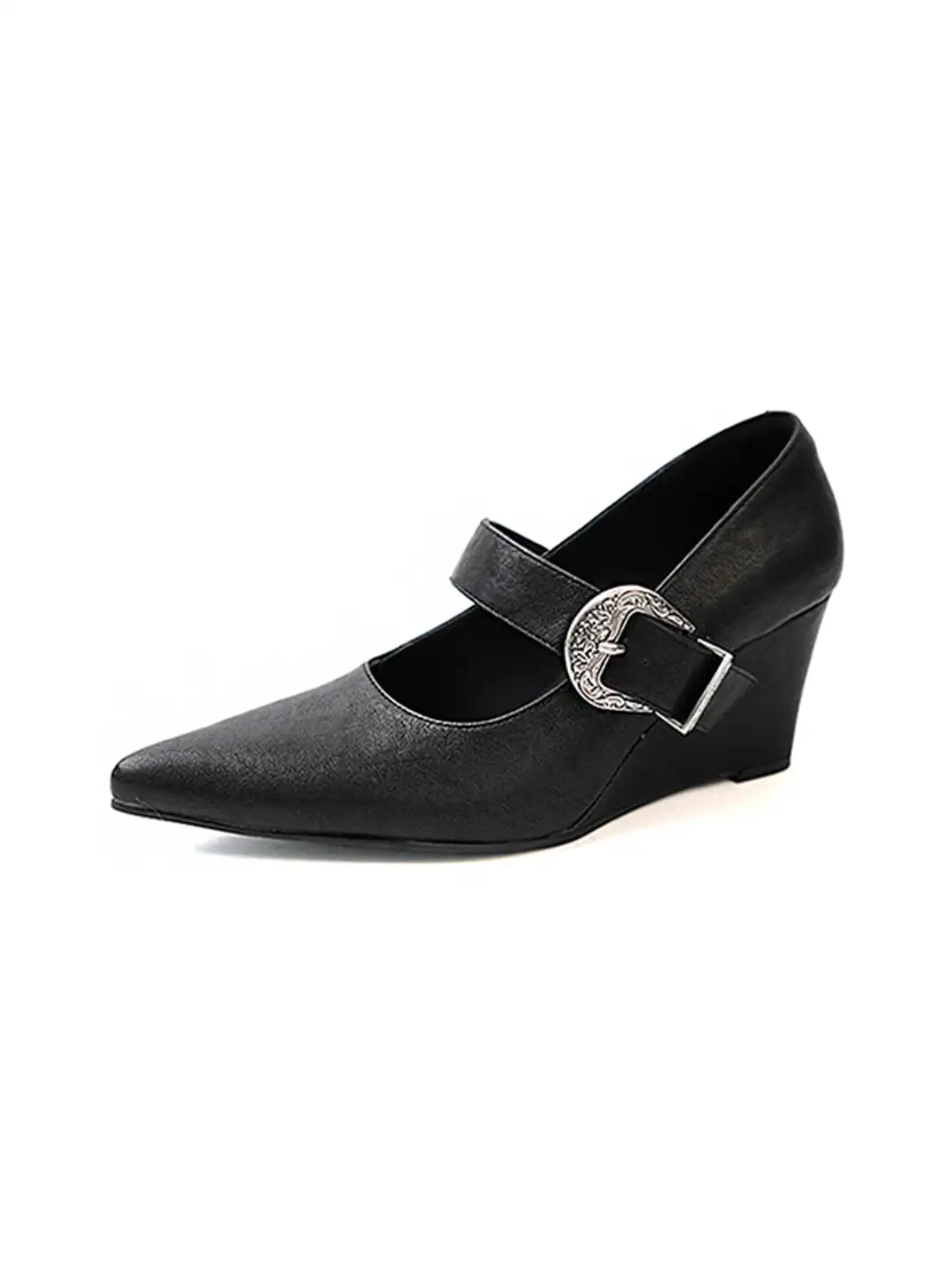 Mooreyu Atelier | Pointed Toe Buckle Wedge Heel Pumps
