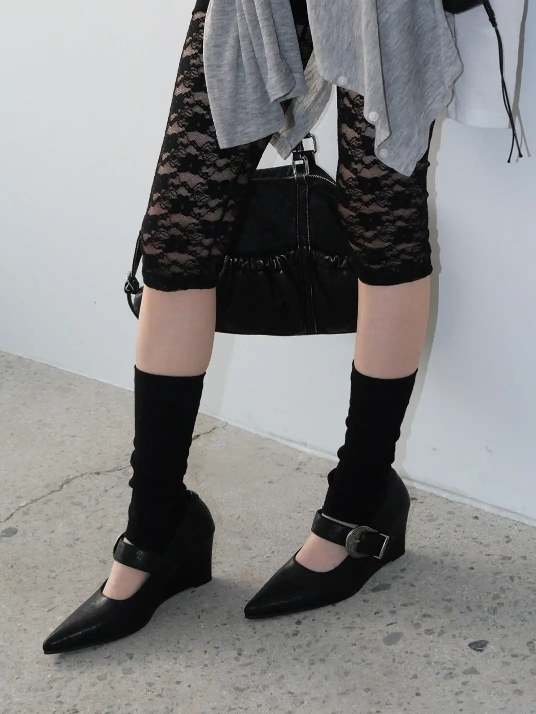 Mooreyu Atelier | Pointed Toe Buckle Wedge Heel Pumps