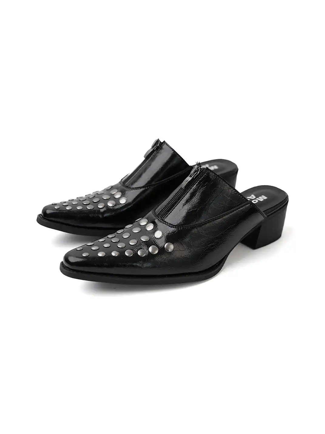 Mooreyu Atelier | Rivet Pointed Toe Block Heel Mules