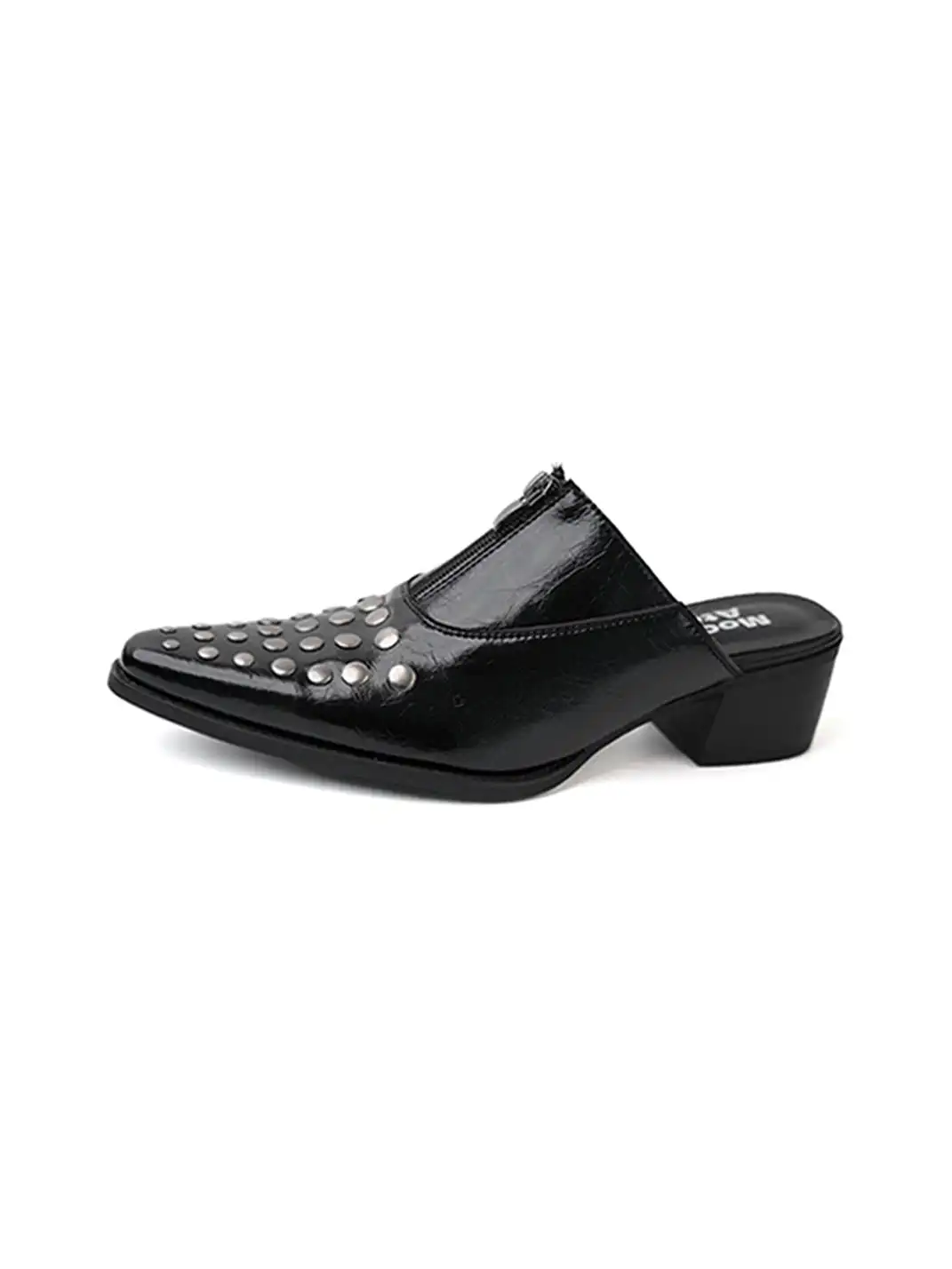 Mooreyu Atelier | Rivet Pointed Toe Block Heel Mules