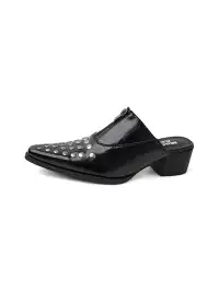 Mooreyu Atelier | Rivet Pointed Toe Block Heel Mules