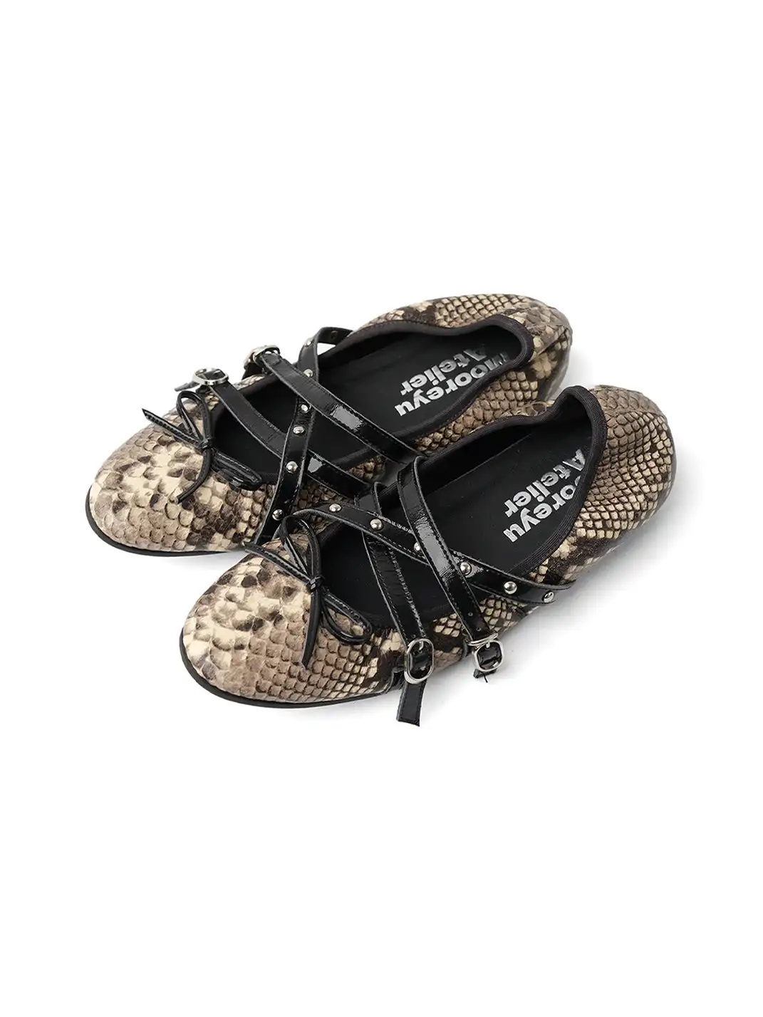 Mooreyu Atelier | Snake Print Bow Cross Strap Flats