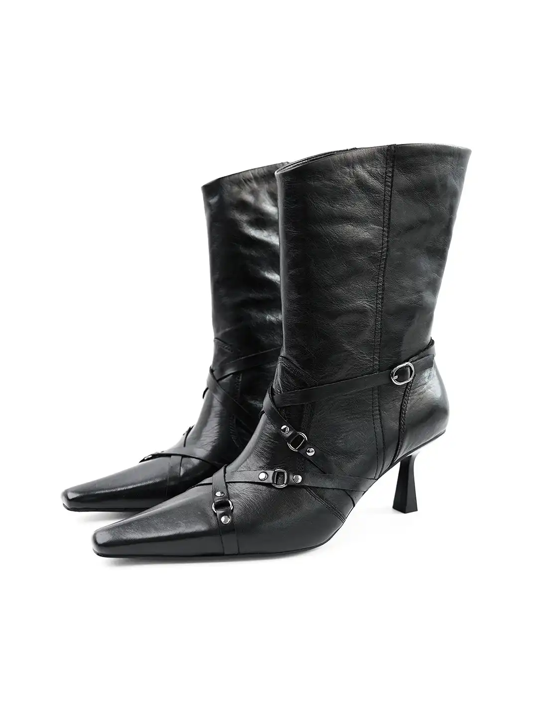 Mooreyu Atelier | Full Grain Leather Buckle Pointed Toe Stiletto Heel Boots