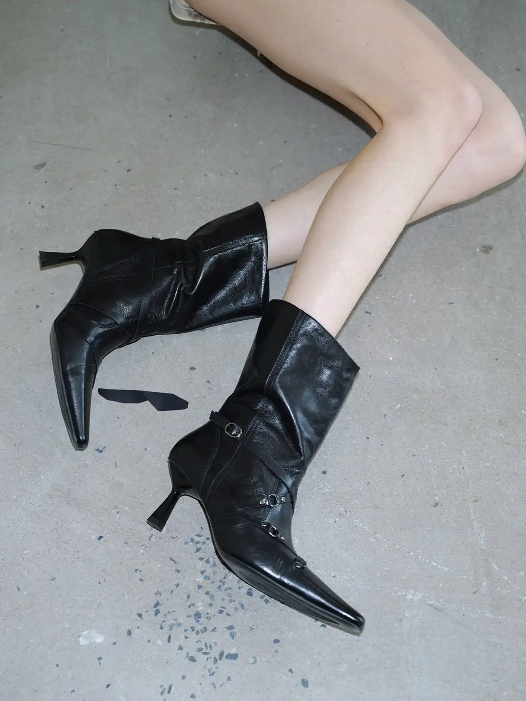Mooreyu Atelier | Full Grain Leather Buckle Pointed Toe Stiletto Heel Boots