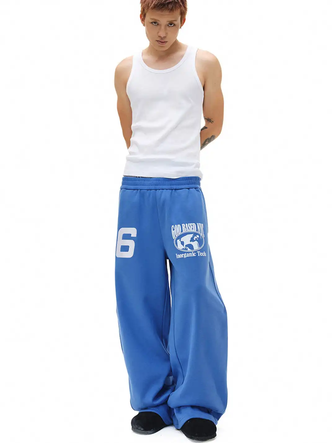 NOVACAM | Embroidered Flocked Print Curved Wide-Leg Pants