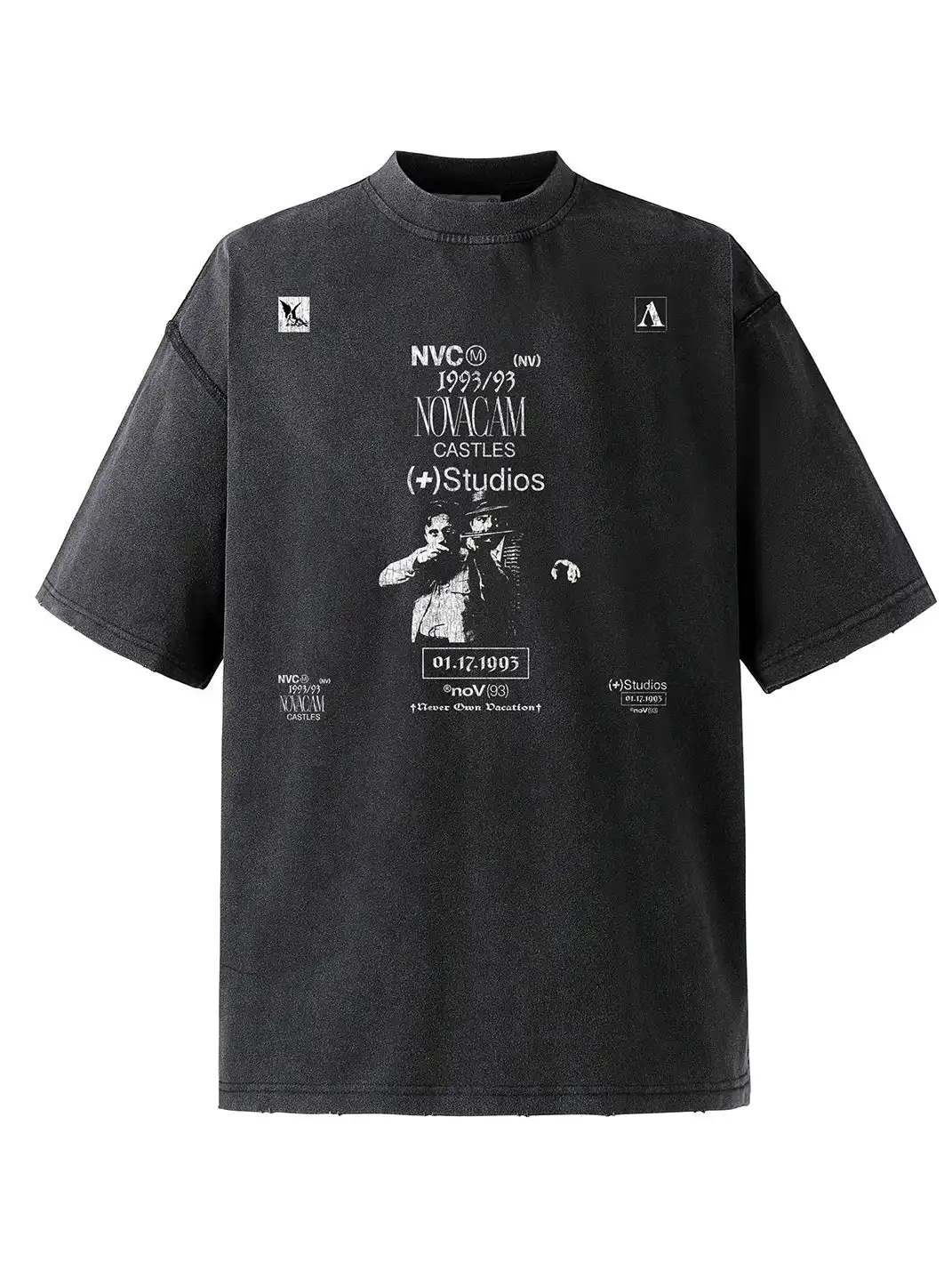 NOVACAM | Cracked Print Reverse Stitch Short Sleeve T-Shirt