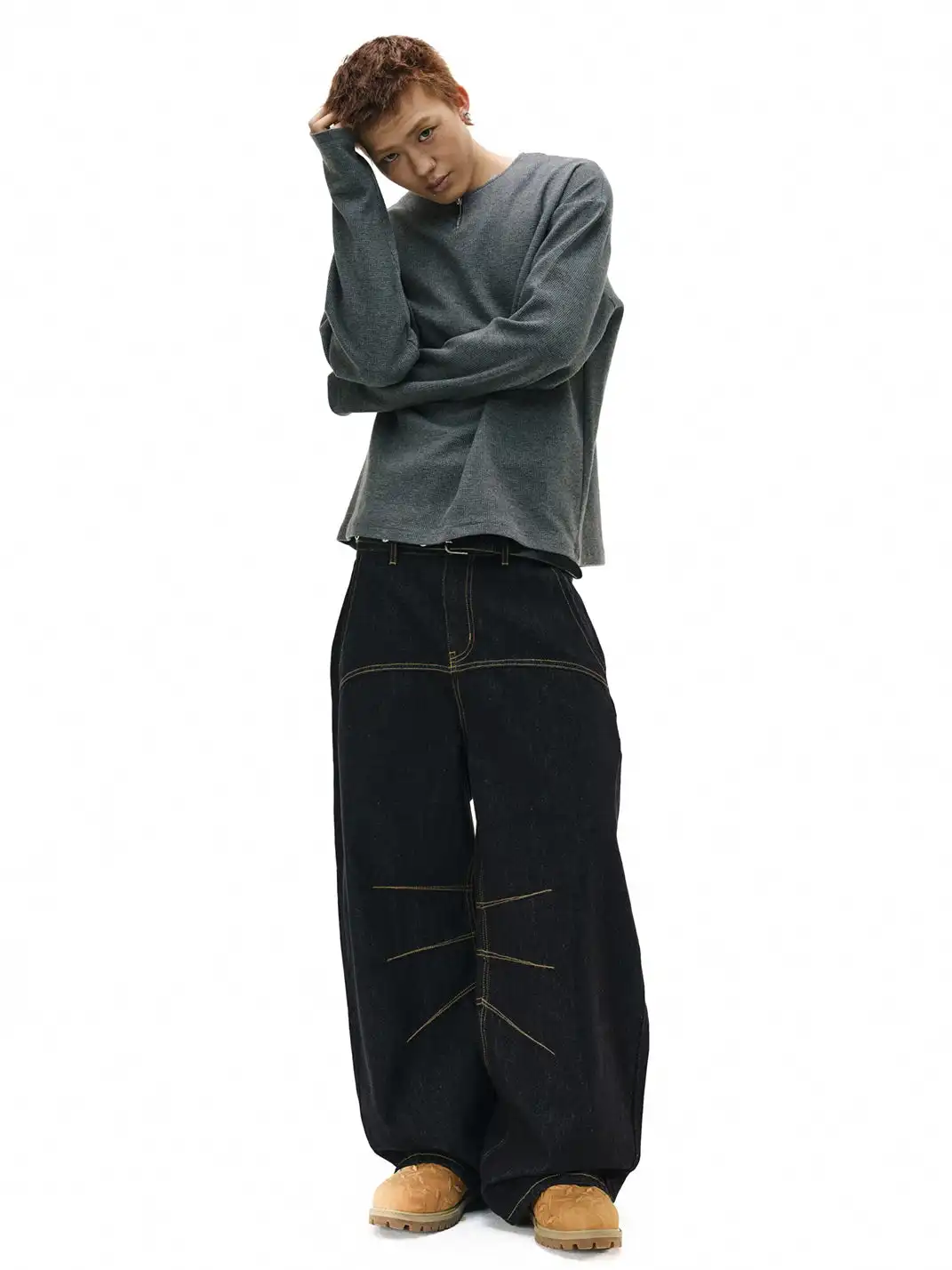 NOVACAM | Slub Texture Curved Wide-Leg Jeans