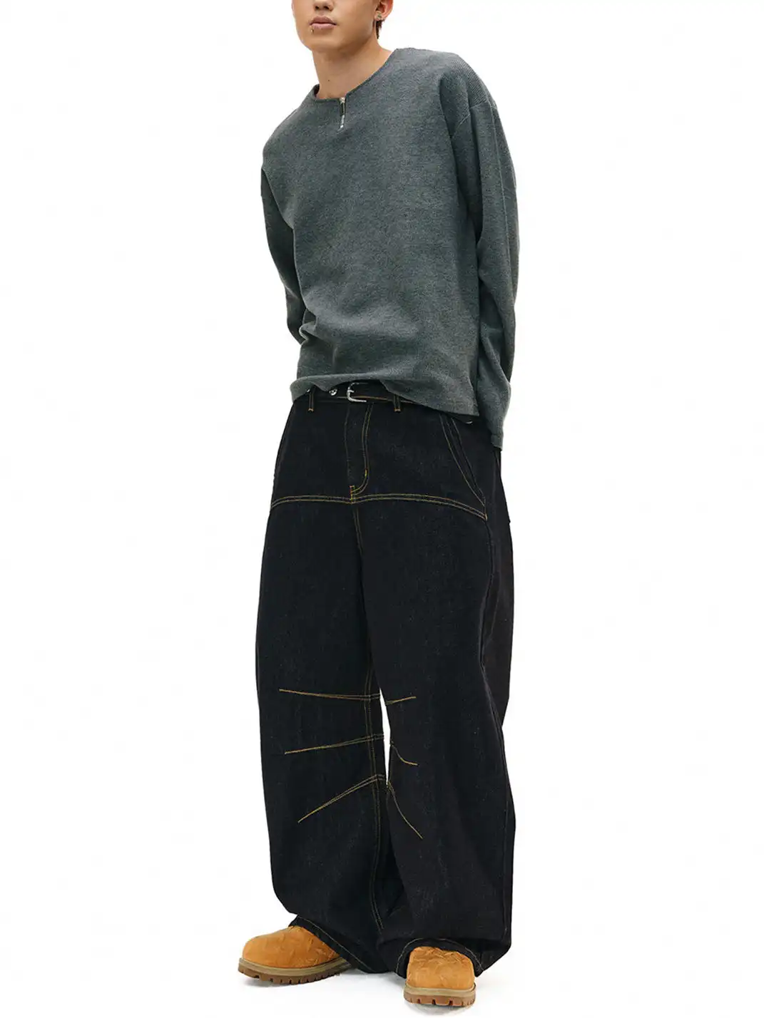 NOVACAM | Slub Texture Curved Wide-Leg Jeans