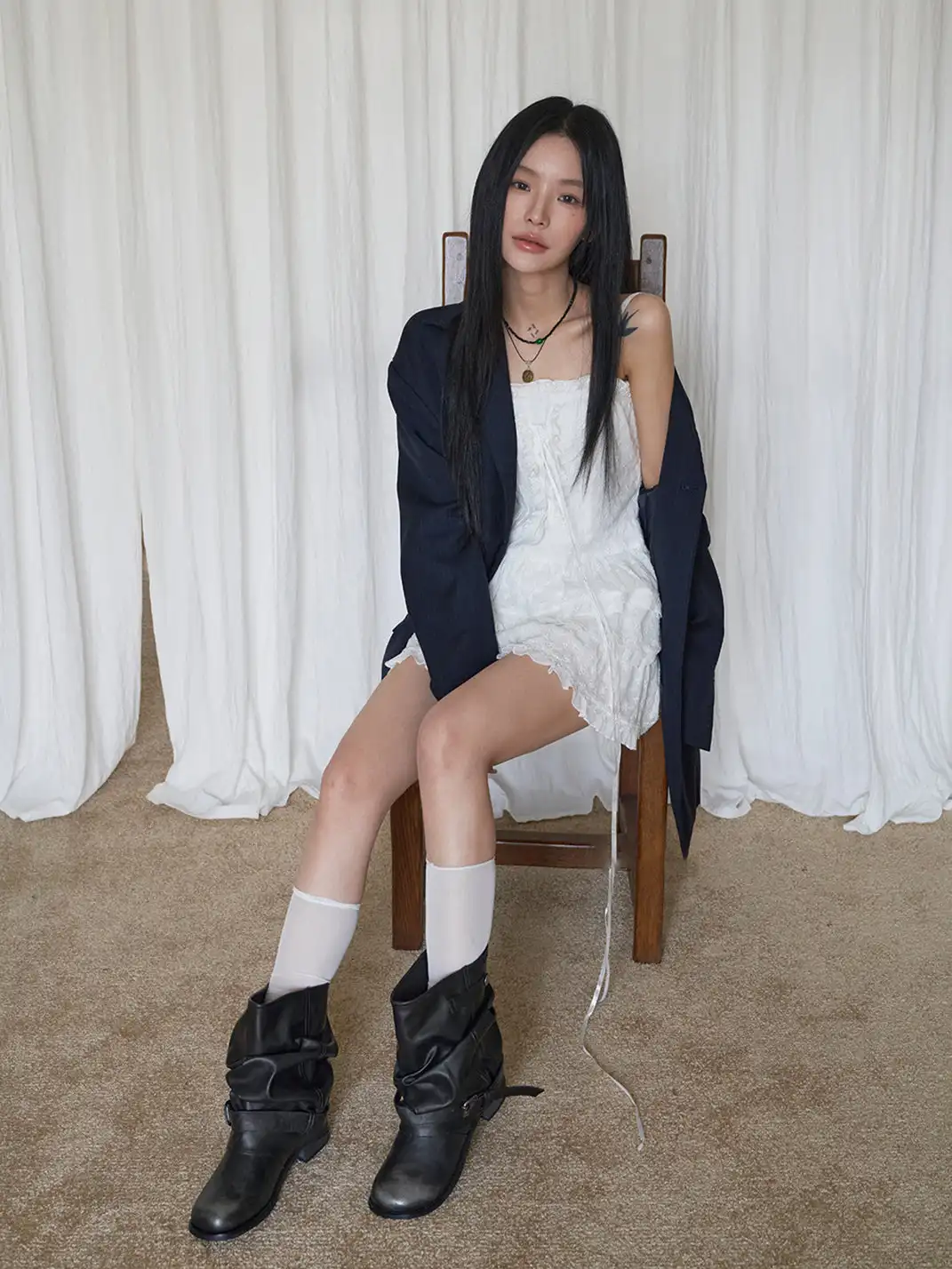 Mooreyu | Denim Ruched Slouchy Chunky Heel Boots
