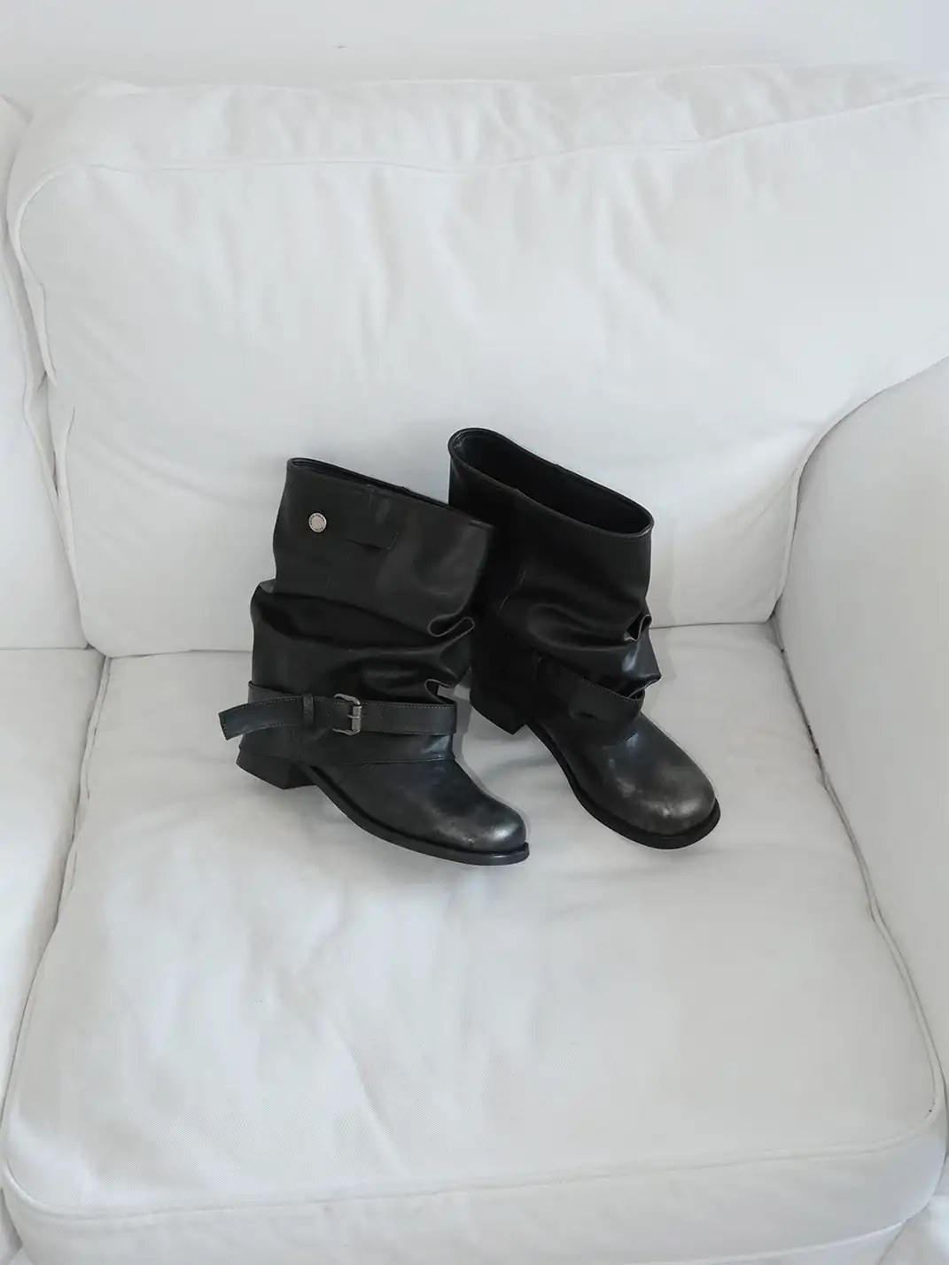 Mooreyu | Denim Ruched Slouchy Chunky Heel Boots