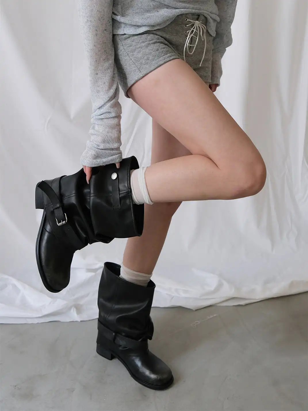 Mooreyu | Denim Ruched Slouchy Chunky Heel Boots