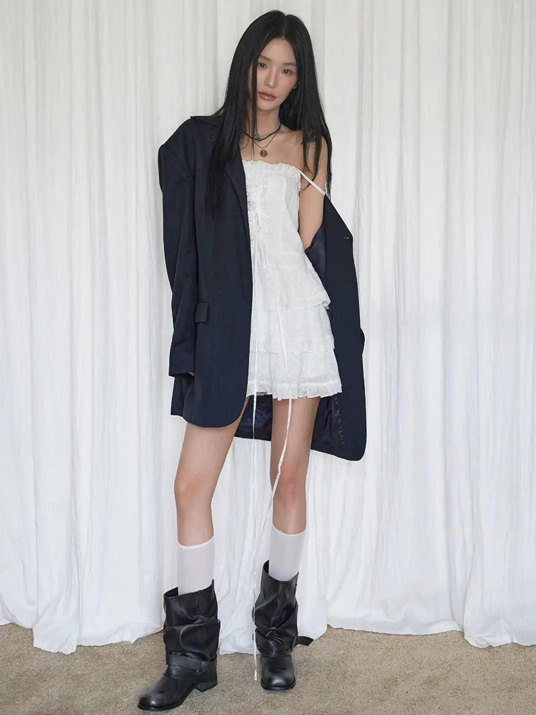 Mooreyu | Denim Ruched Slouchy Chunky Heel Boots