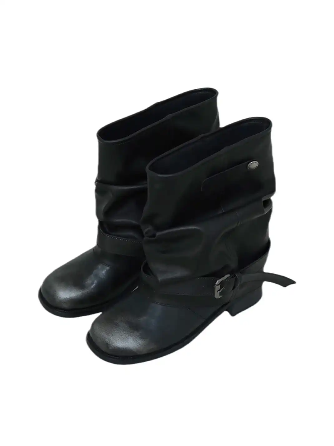 Mooreyu | Denim Ruched Slouchy Chunky Heel Boots