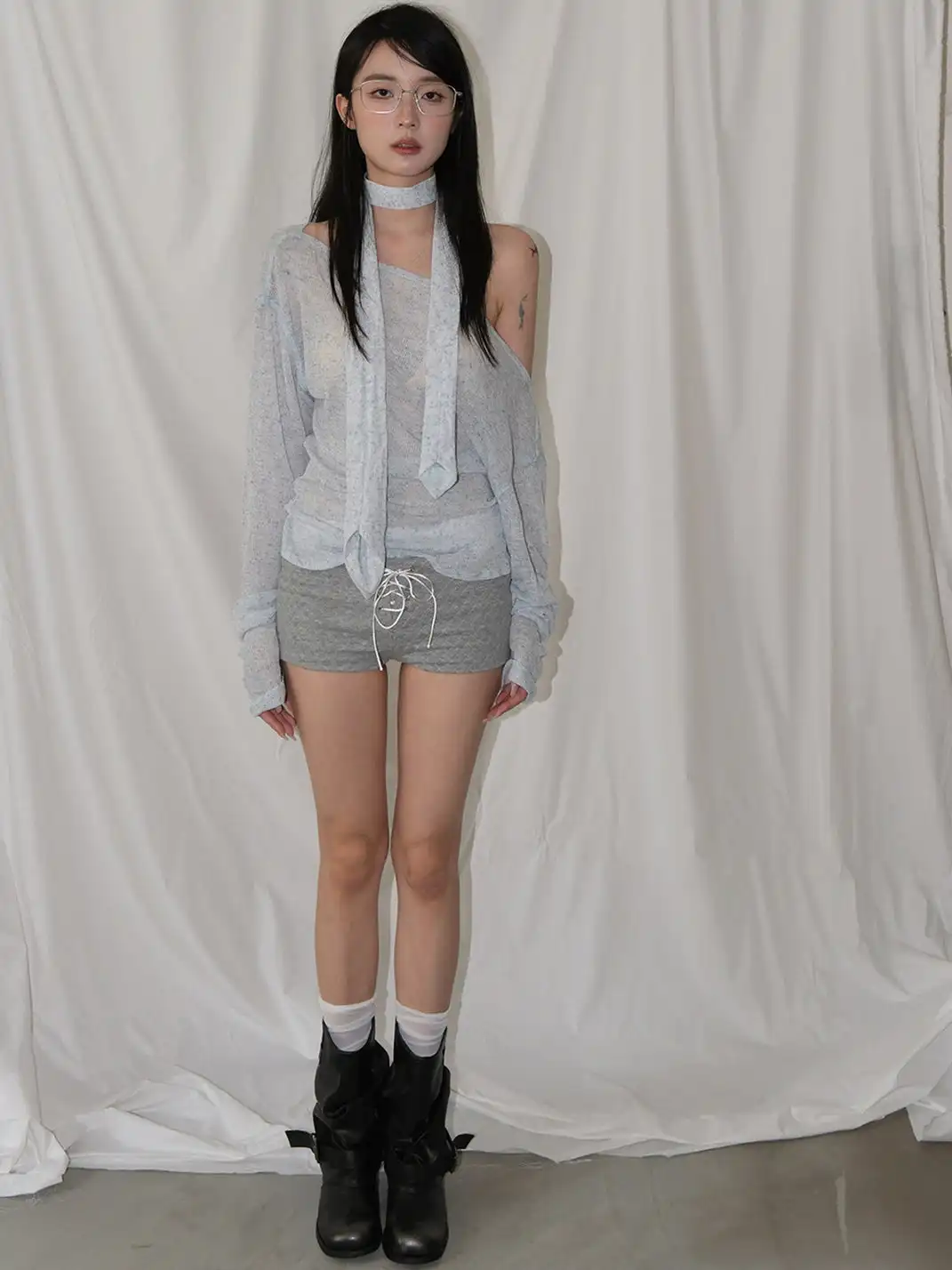 Mooreyu | Denim Ruched Slouchy Chunky Heel Boots
