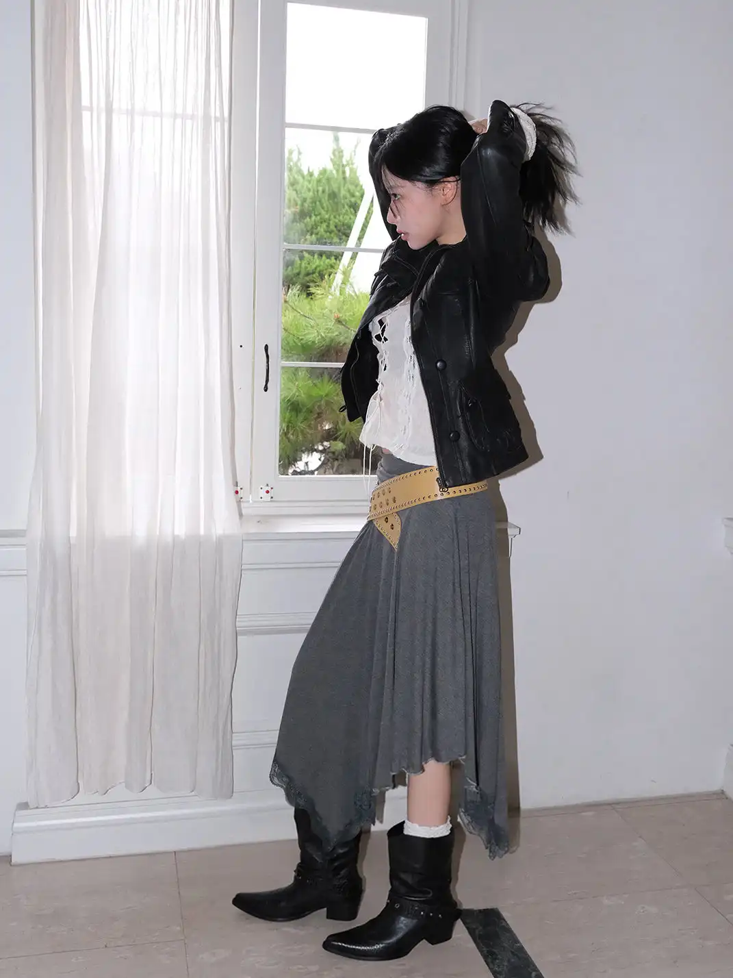 Mooreyu | Pointed Toe Cowhide Knight Boots