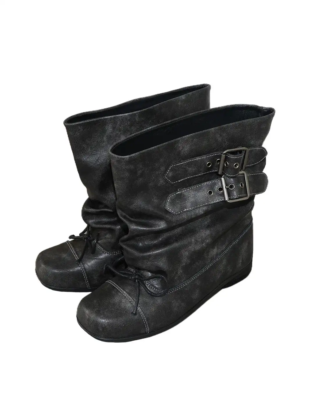 Mooreyu | Round Toe Washed Ruched Buckle Calf Boots
