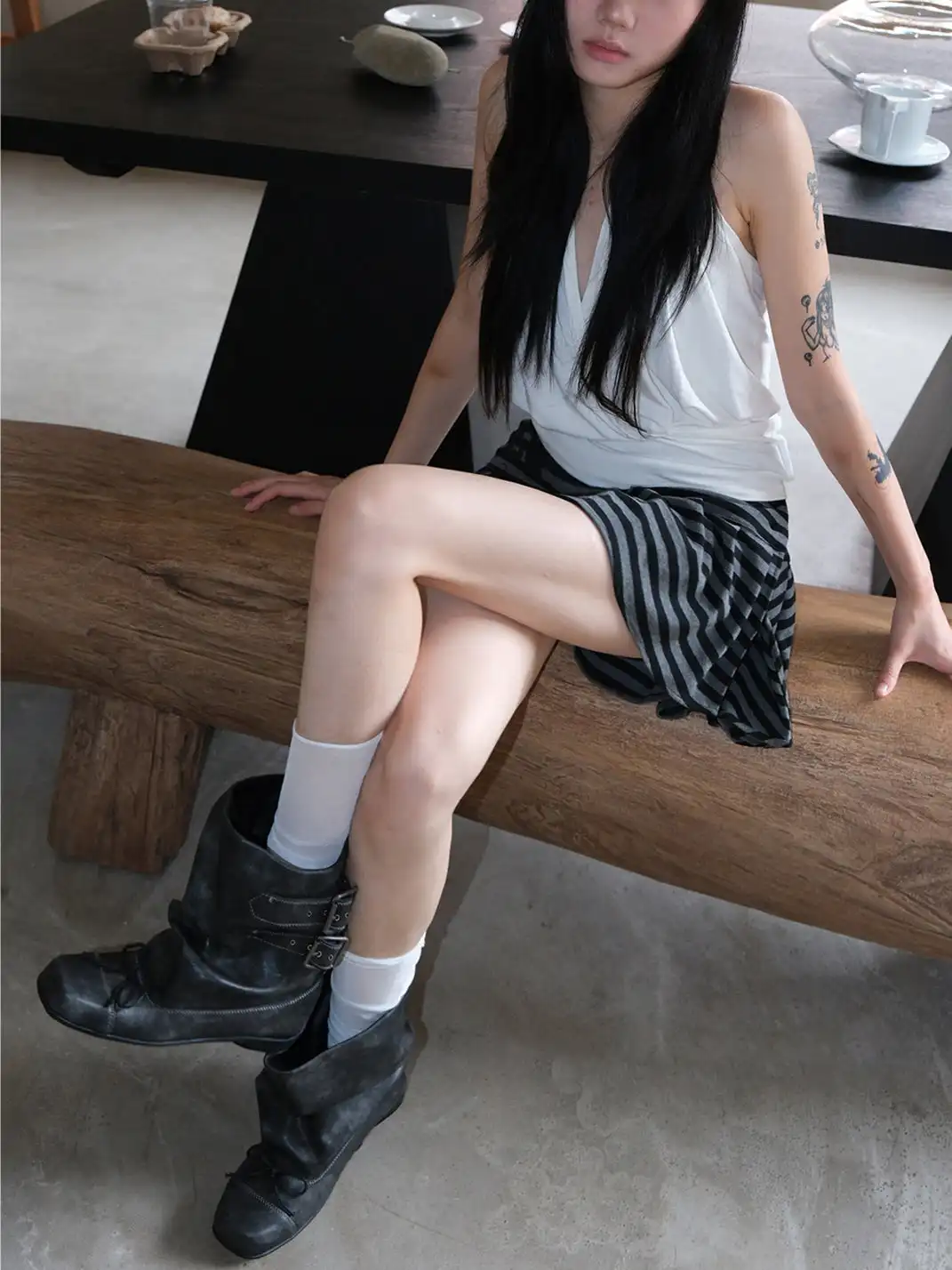 Mooreyu | Round Toe Washed Ruched Buckle Calf Boots