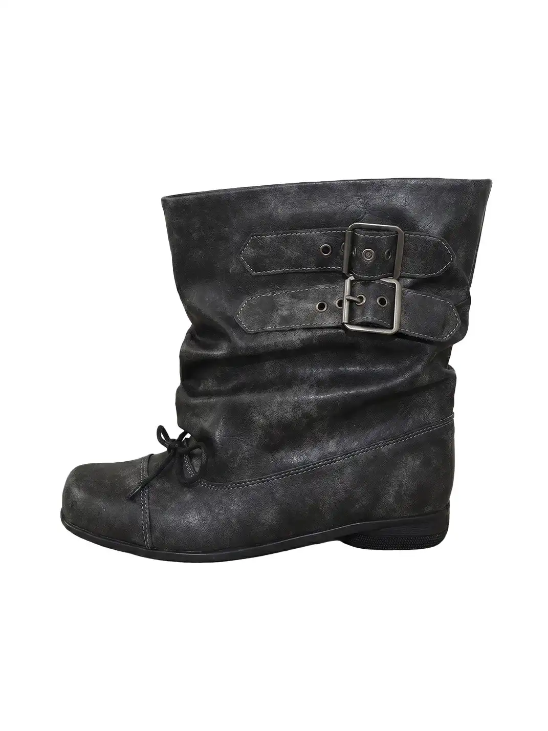 Mooreyu | Round Toe Washed Ruched Buckle Calf Boots
