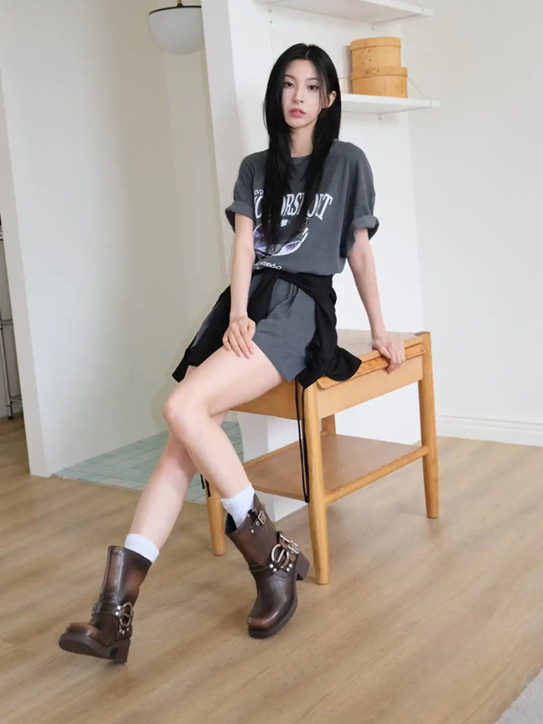 Mooreyu | Square Toe Genuine Leather Chunky Heel Cowboy Boots