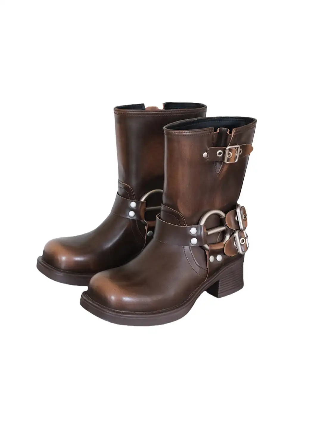 Mooreyu | Square Toe Genuine Leather Chunky Heel Cowboy Boots