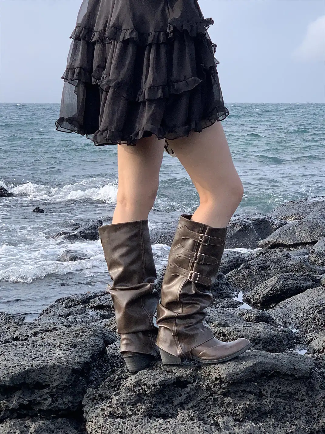 Mooreyu | Western Cowboy Ruched Stacked Knee High Knight Boots