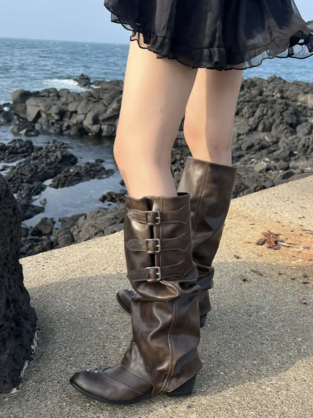 Mooreyu | Western Cowboy Ruched Stacked Knee High Knight Boots