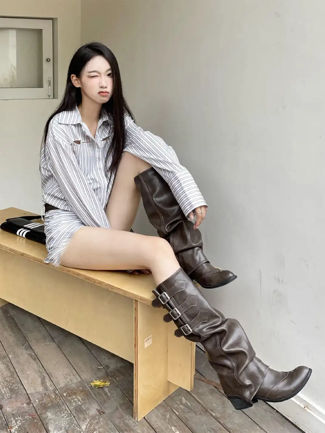 Mooreyu | Western Cowboy Ruched Stacked Knee High Knight Boots
