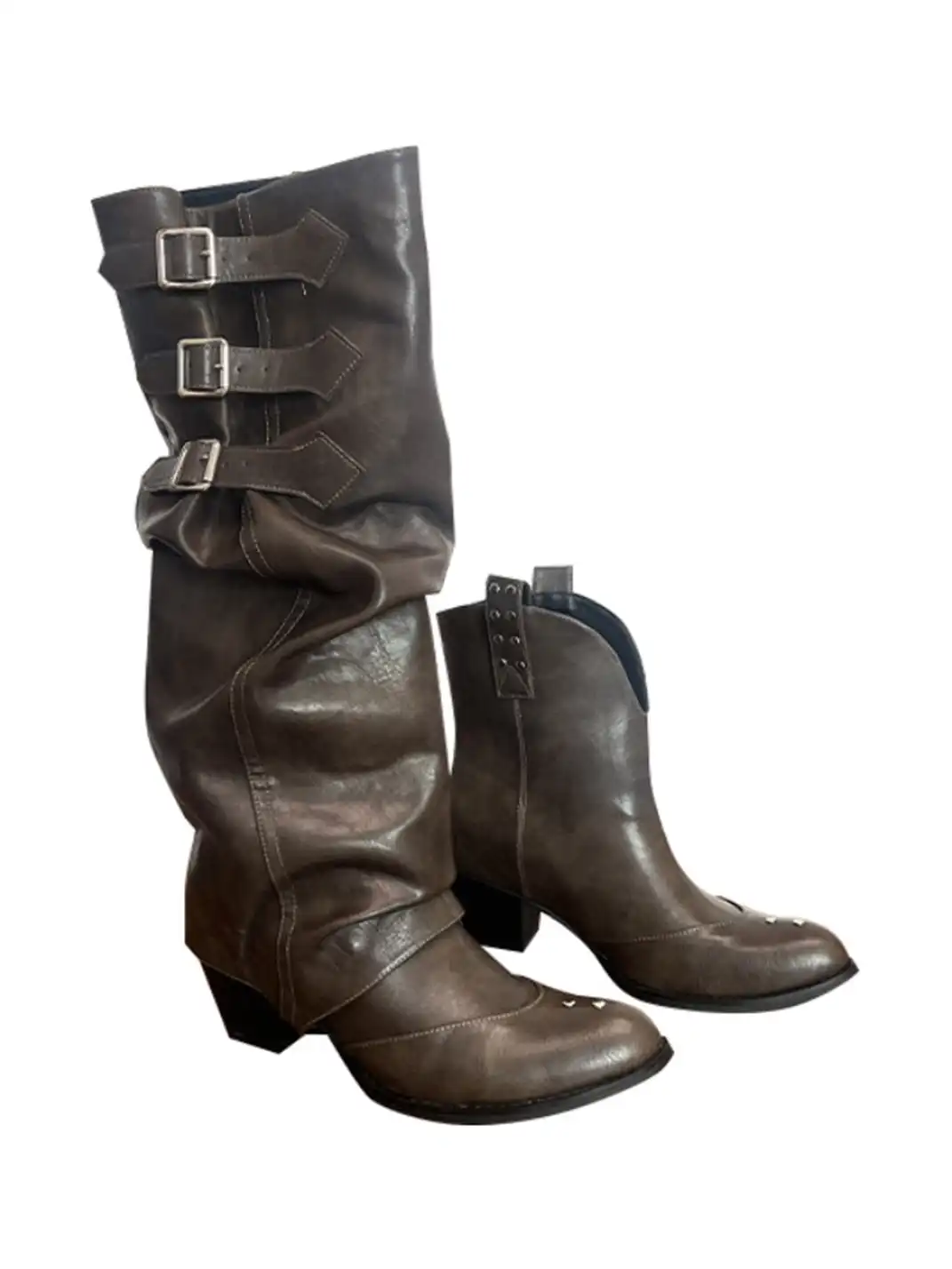 Mooreyu | Western Cowboy Ruched Stacked Knee High Knight Boots