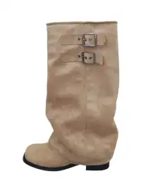 Mooreyu | Leather Block Heel Ruched Buckle Boots