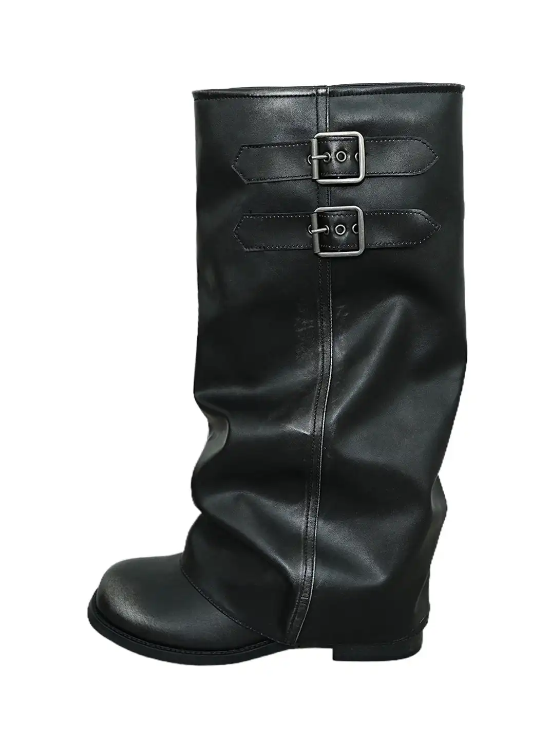 Mooreyu | Leather Block Heel Ruched Buckle Boots