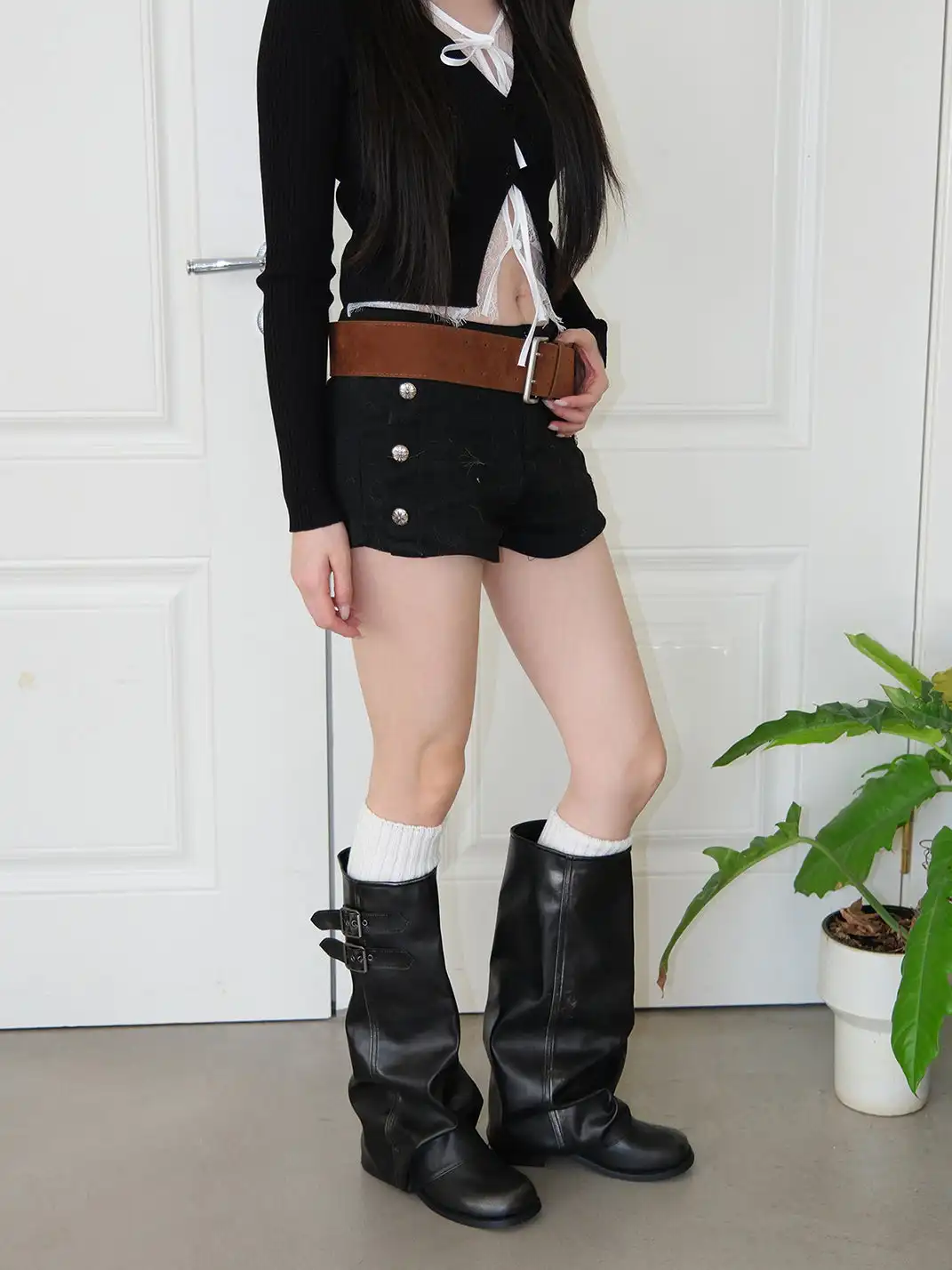 Mooreyu | Leather Block Heel Ruched Buckle Boots