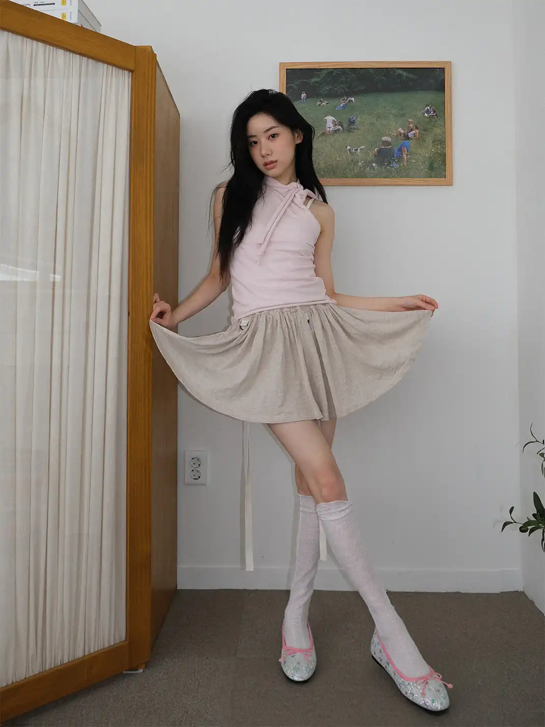 Mooreyu | Glitter Star Print Bow Ballet Flats