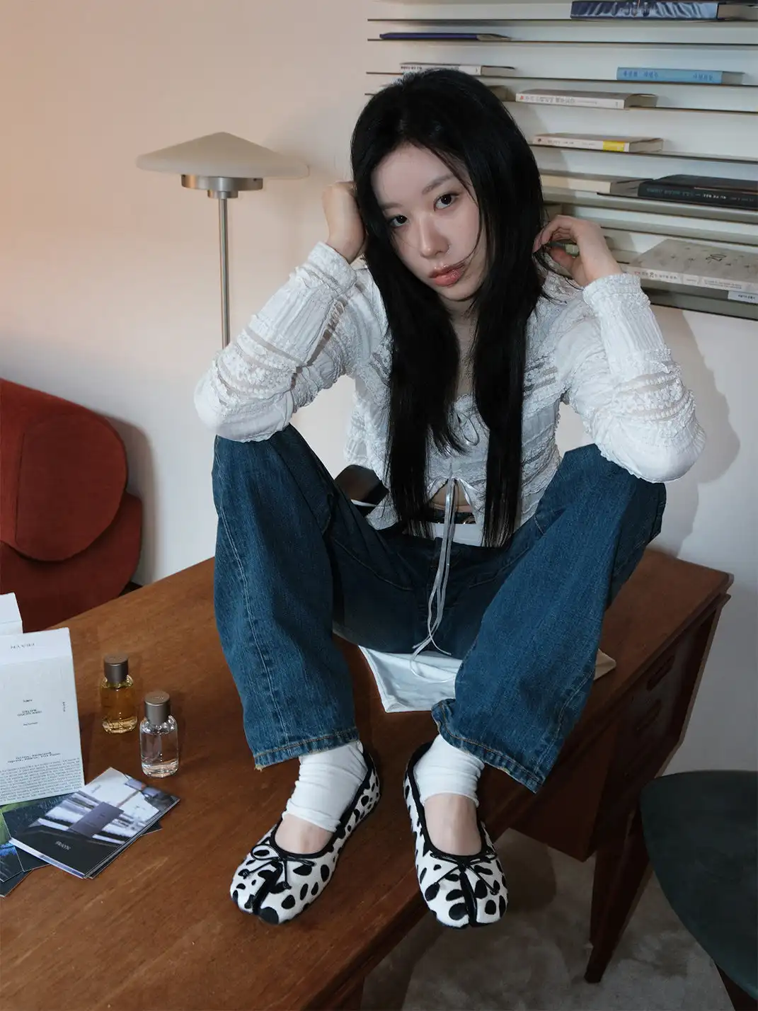 Mooreyu | Pony Hair Polka Dot Split Toe Flat Shoes